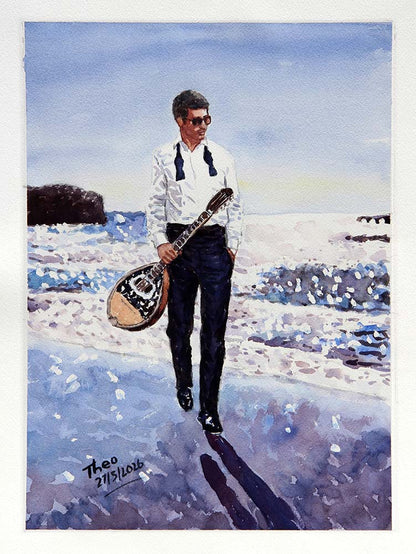 Watercolour painting, The Bouzouki Player by Theo Michael