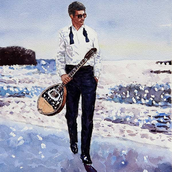 Watercolour painting, The Bouzouki Player by Theo Michael