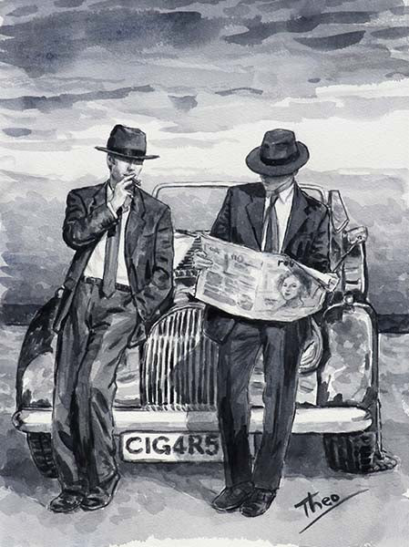 watercolour sketch by Theo Michael titled Happiness Is, two guys buy the beach with a flat tyre