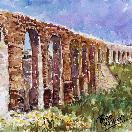 Painting of the Aqueduct Kamares in Larnaca by Theo Michael, an ancient stone aqueduct with greenery and typical spring flowers of Cyprus. Detail of painting.