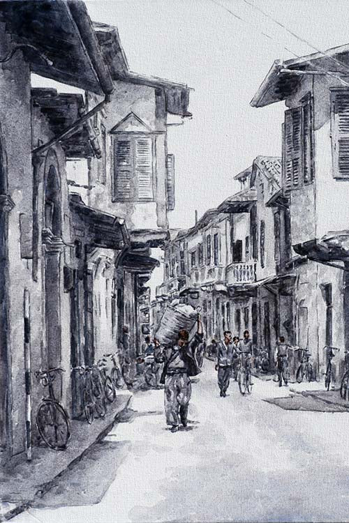 Larnaca painting of a historical street scene by Theo Michael