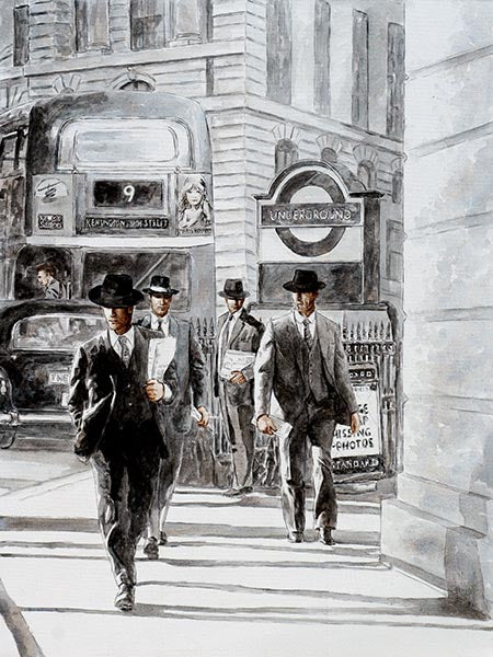 Black and white painting London Underground by Theo Michael