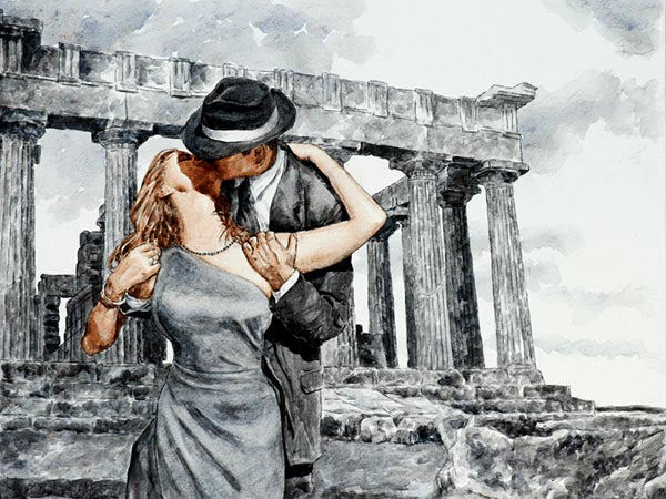 watercolour sketch The Kiss, a couple kissing at the steps of the Acropolis in Greece by Theo Michael