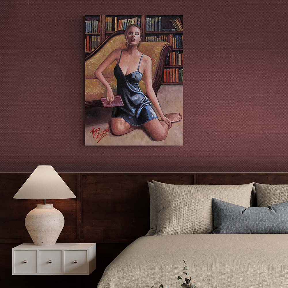 Canvas Print The Bookworm, a seductive oil painting of a femme fatale lounging in front of a bookshelf by Theo Michael