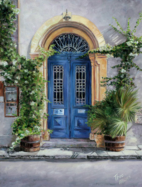 door paintings, a blue door with bougainvillea oil painting by Theo Michael