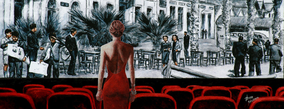 Art Noir painting in a cinematic style titled Glimpse Into The Past by Theo Michael