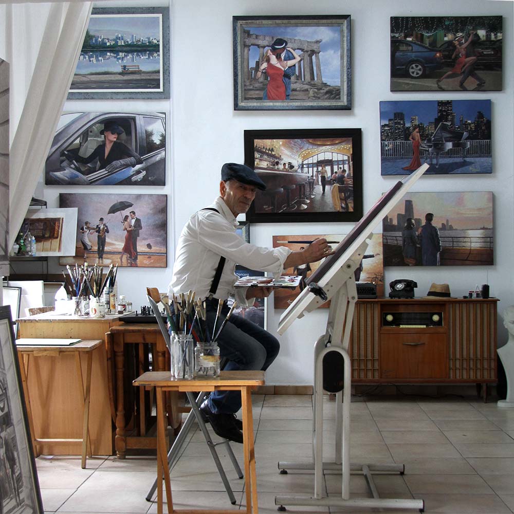 oil painter Theo Michael in his art studio in Cyprus at work