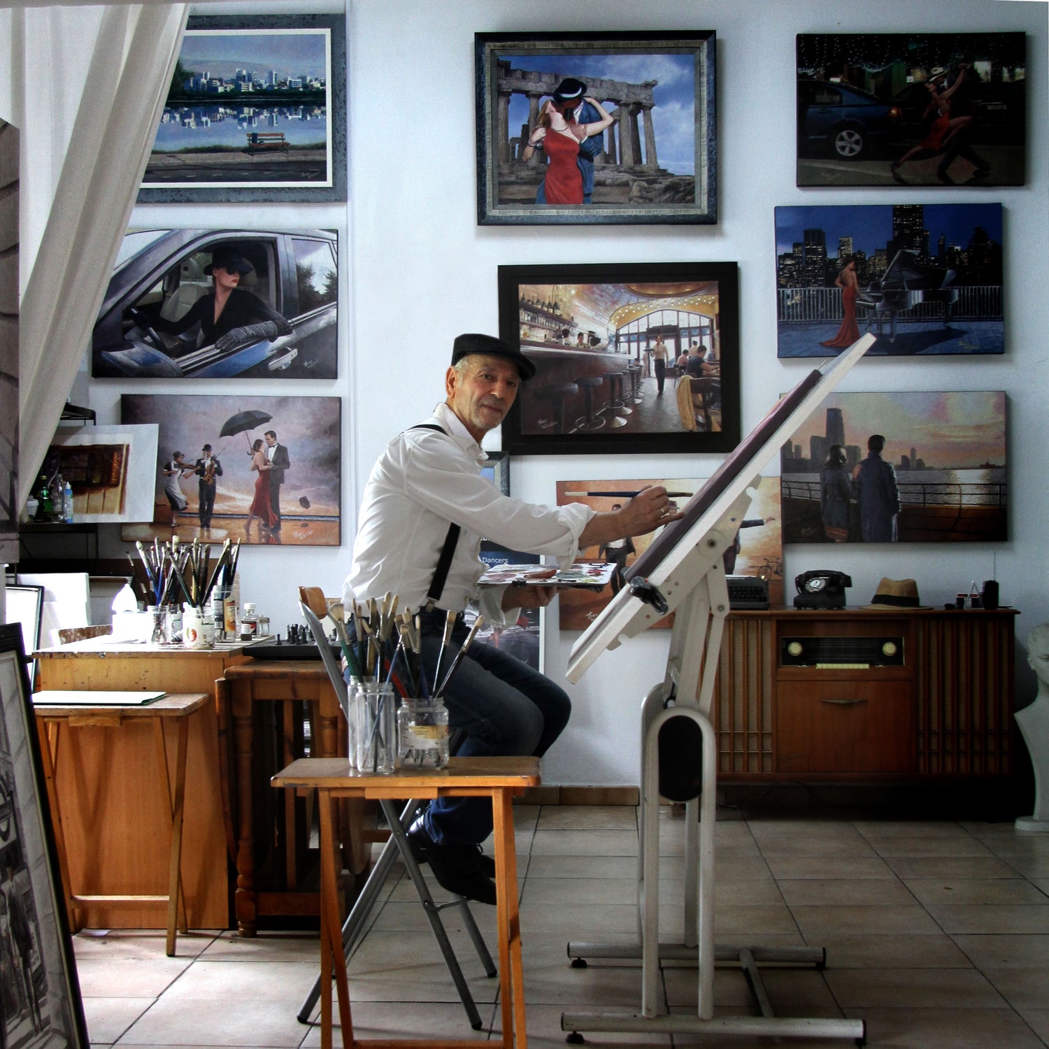 oil painter Theo Michael at work in his Larnaca studio in Cyprus