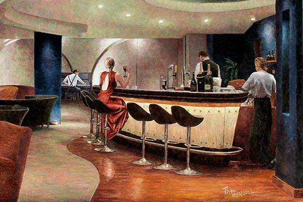 Edward Hopper style painting by Theo Michael titled ALone At The Bar