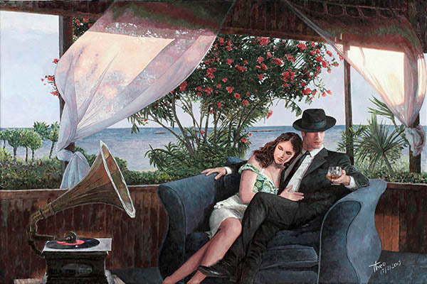 Romantic Painting Sea Of Love by Theo Michael, featuring a couple in an embrace in a seaside setting