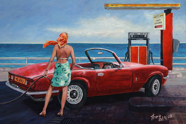 Seascape painting by Theo Michael featuring a classic spitfire car at a petrol station with magnificent far reaching views into the sea