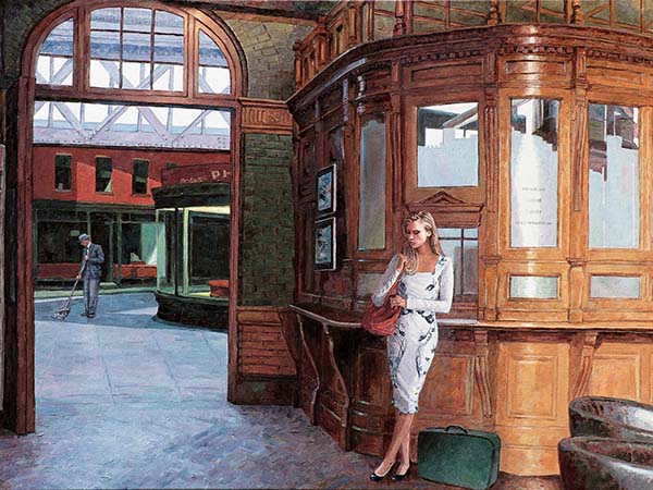 Edward Hopper style painting by Theo Michael titled The Ticket Office