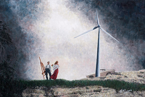 cinematic oil painting, The Artist And His Model by Theo Michael features a couple in a deserted landscape with only their car and a wind turbine in sight