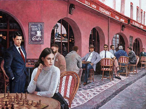 Chess Painting, Queens Gambit by Theo Michael featuring a chess player in a cafe, created in June 2021