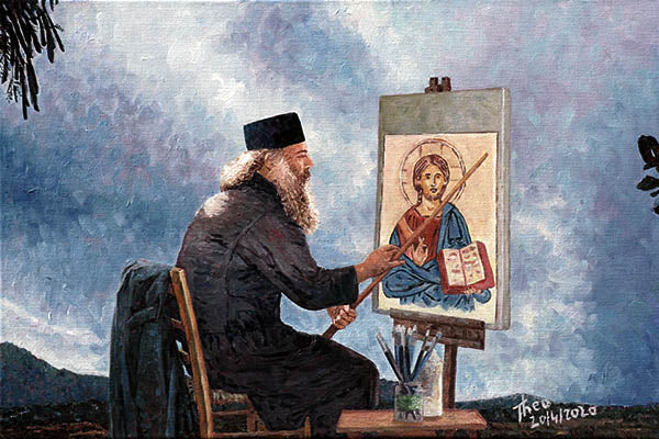 the icon painter, an oil painting by Theo Michael of a Cypriot priest