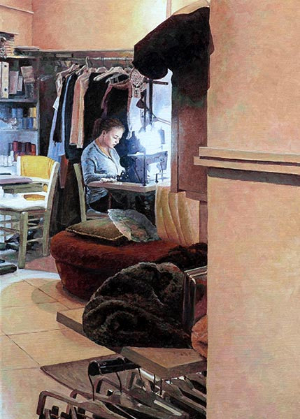 Edward Hopper style painting by Theo Michael titled The Seamstress