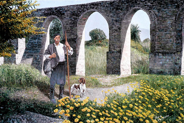 oil painting, The Shepherd at Kamares In Larnaca by Theo Michael featuring the aqueduct Kamares in Larnaca Cyprus