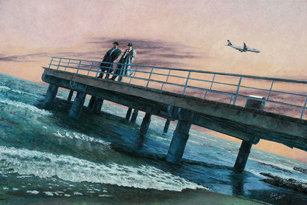 cinematic oil painting by Theo Michael titled Time And Tide, featuring Larnaca seafront in a stormy and wintry setting