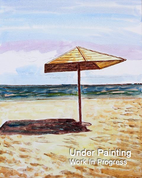 Cyprus oil painting, The Lone Beach Umbrella