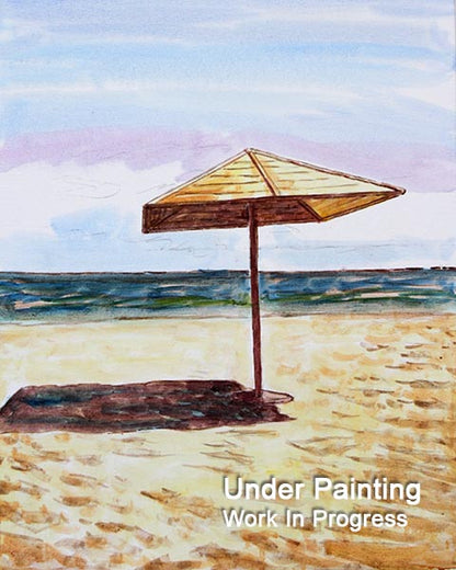 Cyprus oil painting, The Lone Beach Umbrella