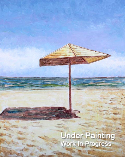 Cyprus oil painting, The Lone Beach Umbrella
