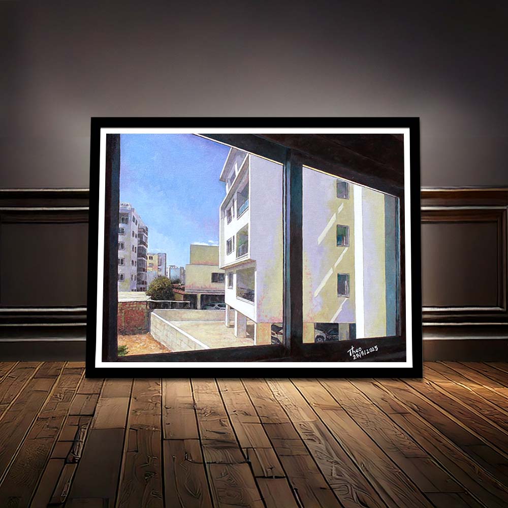 Framed  painting of a window view with buildings outside by THeo Michael