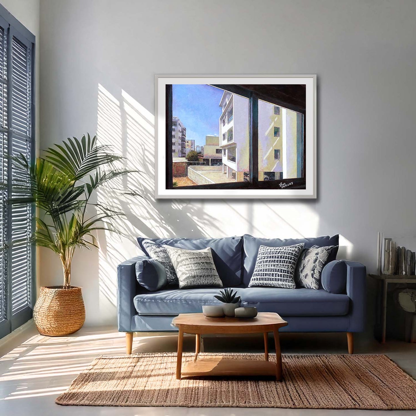 Framed Art Print featuring buildings through a window with a blue sky. A painting in the style of Edward Hopper painted by Theo Michael.