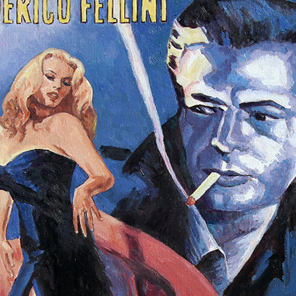 Detail of the oil painting by Theo Michael of the Movie poster La Dolce Vita starring Anita Ekberg and Marcello Mastroianni. Directed by Federico Fellini