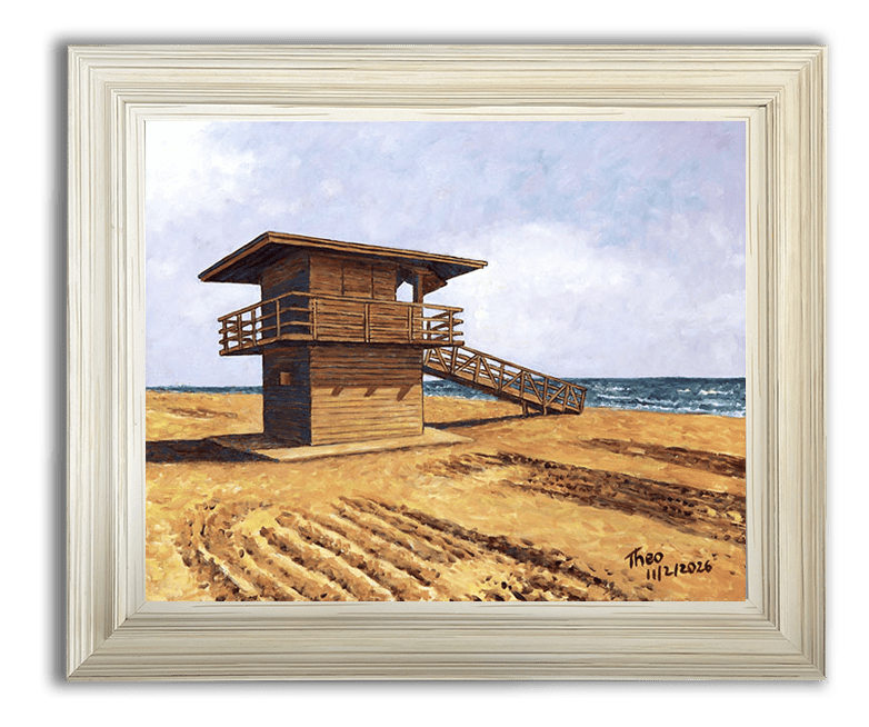 Cyprus oil painting, The Beach Lifeguard Tower