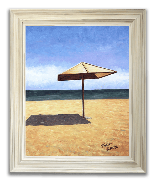 Cyprus oil painting, The Lone Beach Umbrella