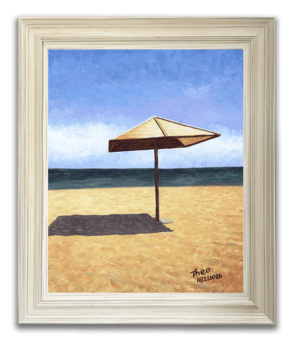 Cyprus oil painting, The Lone Beach Umbrella