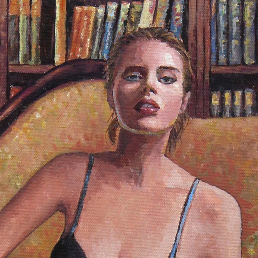 Detail of the Oil painting The Bookworm, a seductive painting of a femme fatale lounging in front of a bookshelf by Theo Michael