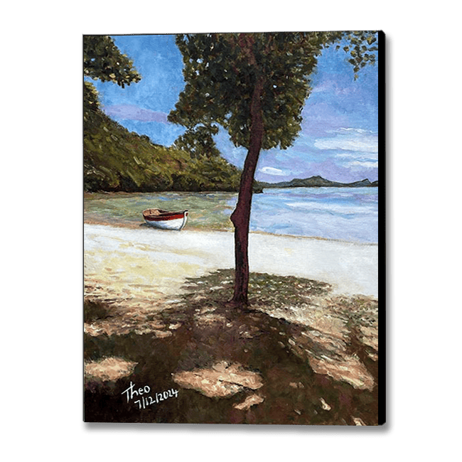 oil painting of a red boat resting on a sandy shore of a tranquil beach scene. Lush greenery and a tree provide dappled shade in the foreground. Painted by Theo Michael.