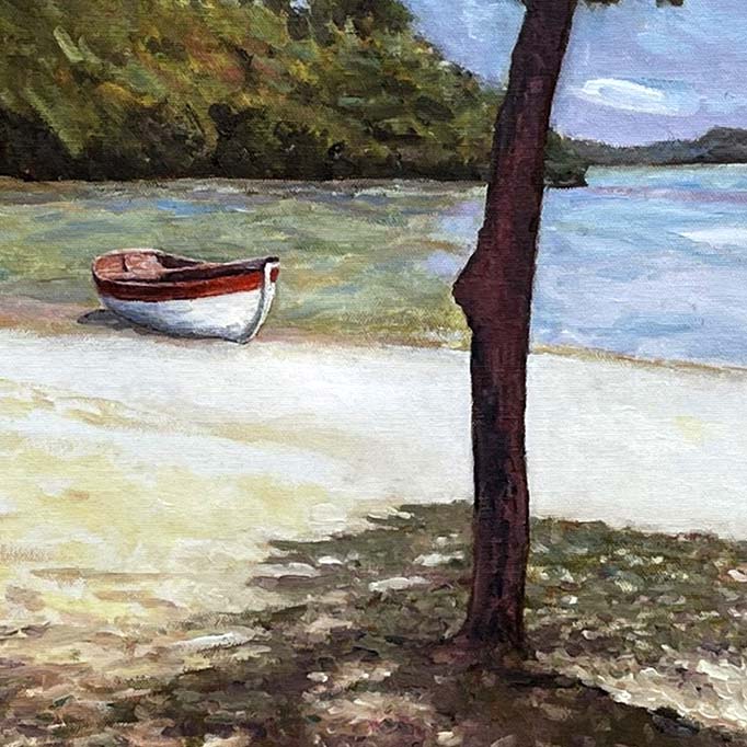 Detail of oil painting of a red boat resting on a sandy shore of a tranquil beach scene. Lush greenery and a tree provide dappled shade in the foreground. Painted by Theo Michael.