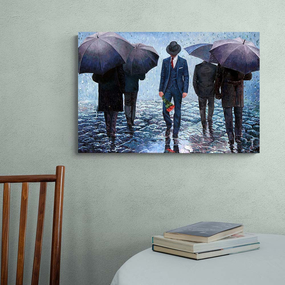 umbrella painting, walking in the rain, oil painting by Theo Michael titled The Long Goodbye