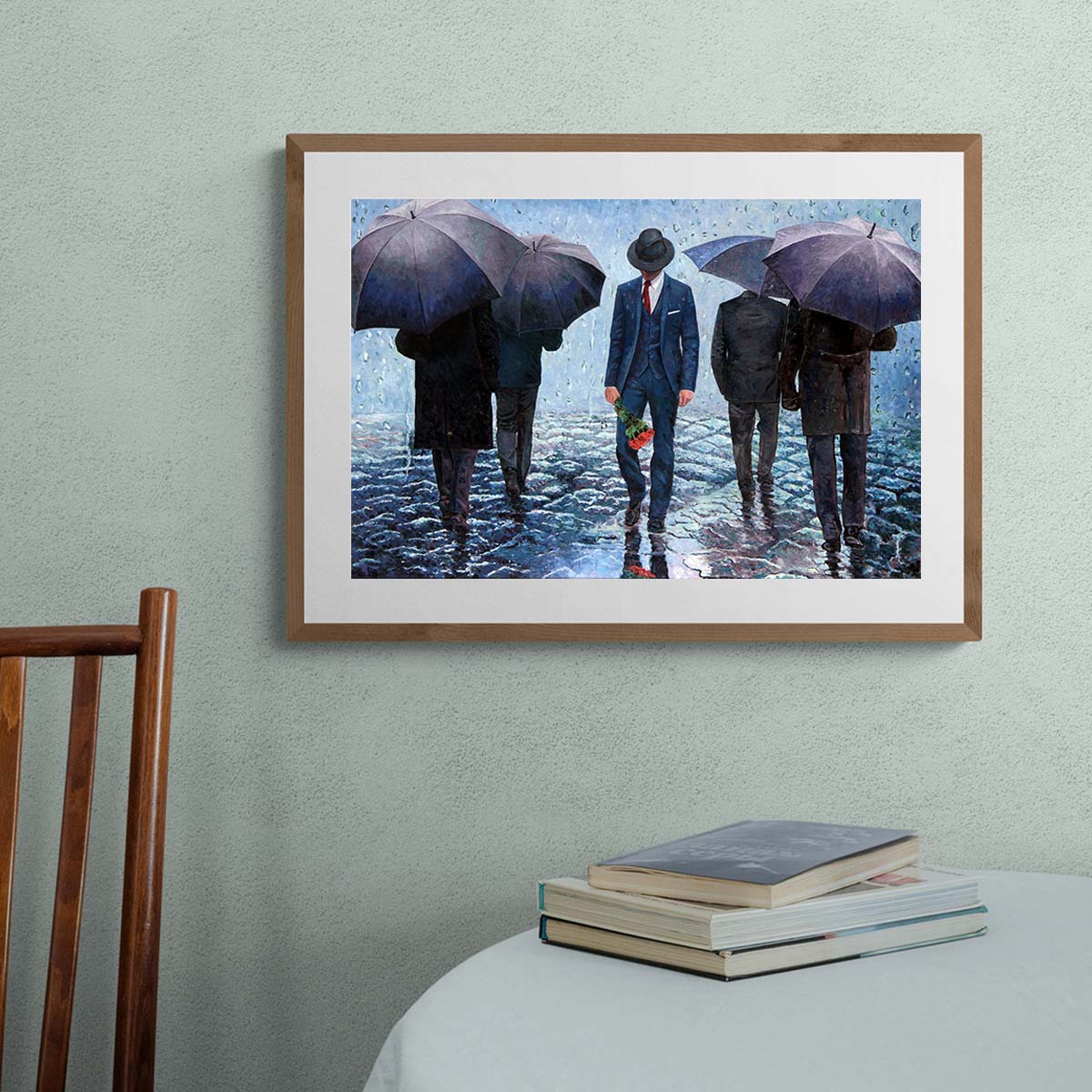 art noir painting, walking in the rain, oil painting by Theo Michael titled The Long Goodbye