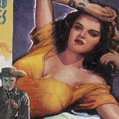 Detail of the oil painting by Theo Michael of the movie poster The Outlaw starring Jane Russell. Directed by Howard Hughes