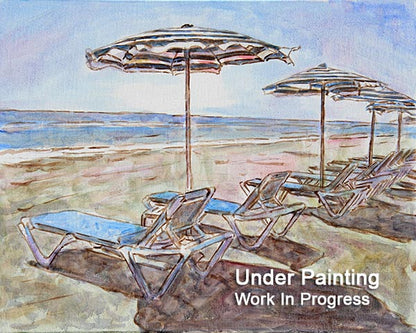 Cyprus oil painting, The Sunloungers by The Beach