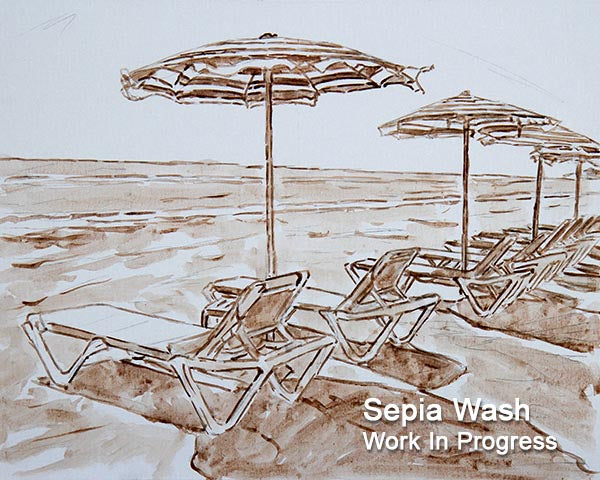 Cyprus oil painting, The Sunloungers by The Beach