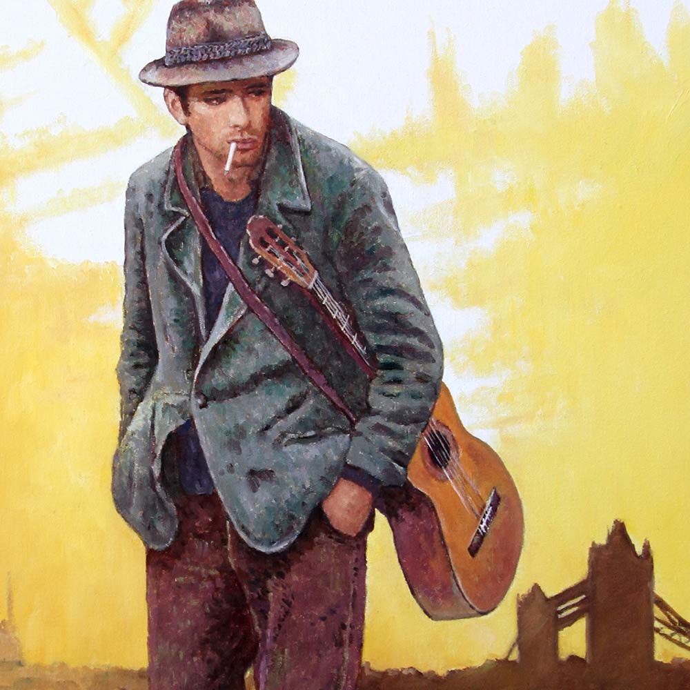 Detail of an original oil painting by Theo Michael. Bathed in warm, golden sepia tones, this evocative narrative painting blends London film noir sensibilities with soulful introspection. A brooding musician carrying a guitar slung across his back stands along the Thames, with Tower Bridge silhouetted against a softly glowing horizon.