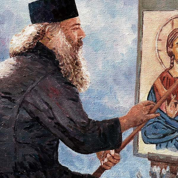 oil painting of a traditional Cypriot priest painting an icon by Theo Michael, detail.