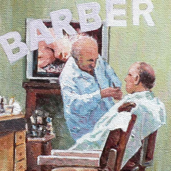 oil painting The Barbershop by Theo Michael featuring a barber at his craft, detail.