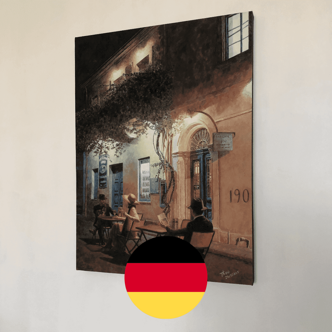lena was very happy with her painting, we shipped it out to germany and she sent us a photo of her apartment with our painting hanging on the wall. she suggests art by theo micheal to all of her friends.