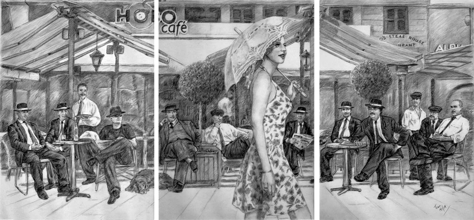 pencil drawing of a cafe in cyprus larnaca by Theo Michael title Hobo's Cafe