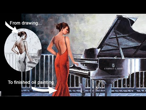 oil painting New York Skyline by Theo Michael titled Pianist On The Roof, watch the painting process here