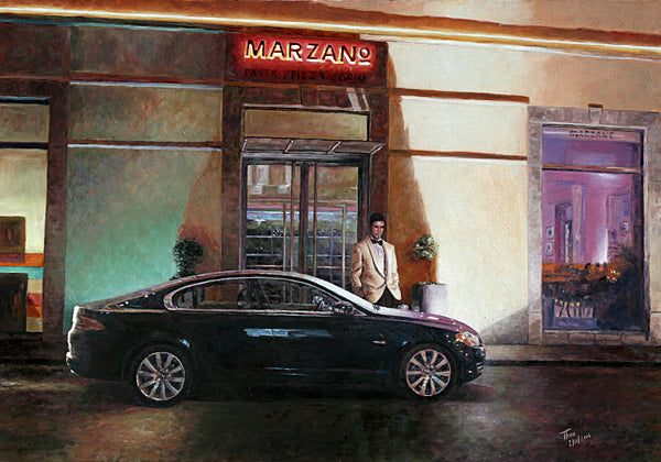 restaurant painting, Marzano restaurant in Larnaca Cyprus an oil painting by Theo Michel