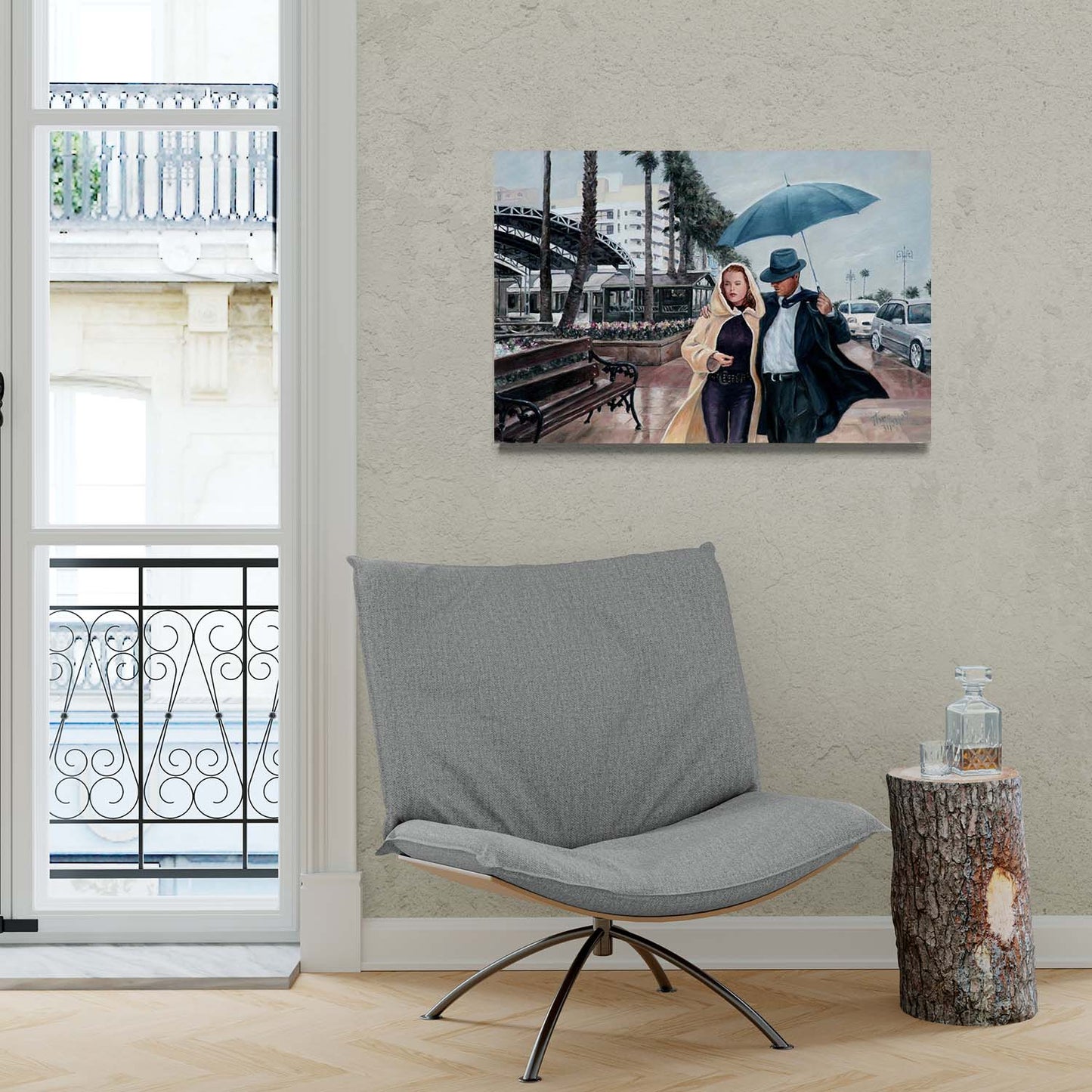 Art Noir canvas print of an oil painting from Art by Theo Michael, Larnaca Promenade in the rain