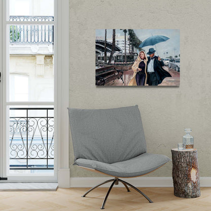 Art Noir canvas print of an oil painting from Art by Theo Michael, Larnaca Promenade in the rain