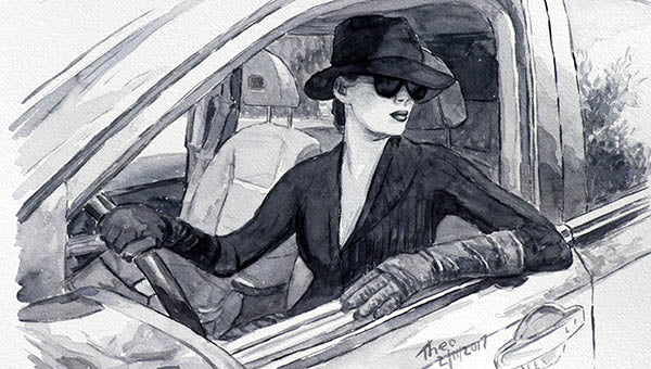 watercolour sketch of a Femme Fatale in her motor car by Theo Michael an art noir style painting