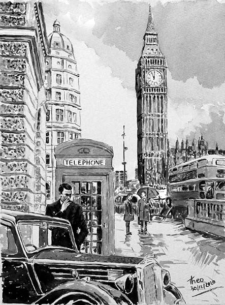 Watercolour sketch London Big Ben by Theo Michael